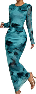 Narecte Fall Dresses for Women Long Sleeve Bodycon Mesh Maxi Dress | Tie Dye Printed Sheer Mesh Long Dress with Crew Neck, Casual Elegant Ruched Bodycon Formal Party Cocktail Dress