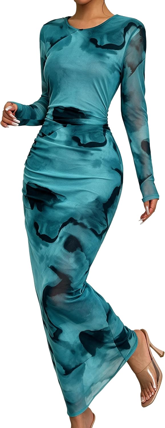 Narecte Fall Dresses for Women Long Sleeve Bodycon Mesh Maxi Dress | Tie Dye Printed Sheer Mesh Long Dress with Crew Neck, Casual Elegant Ruched Bodycon Formal Party Cocktail Dress