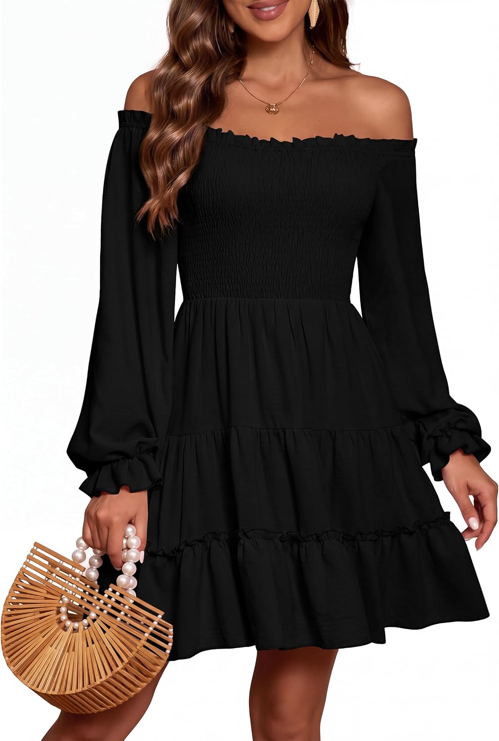 AUMORA Women's Off Shoulder Long Sleeve Smocked Flowy Short Mini Dress | Puff Sleeve Ruffle Hem A-Line Dress,Side Pockets,Square Neck,Wedding Guest Dresses,Beach Vacation Casual Dresses