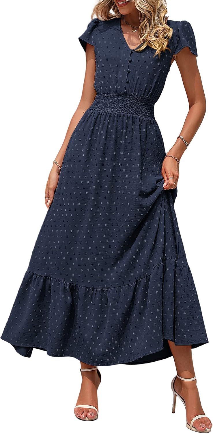 PRETTYGARDEN Womens Dresses 2026 Summer Boho Long Swiss Dot Maxi Dress | Flutter Short Sleeve Dress, Button Down V Neck, Smocked Waist, Ruffle Tiered, Flowy Swing A Line Casual Dresses Beach