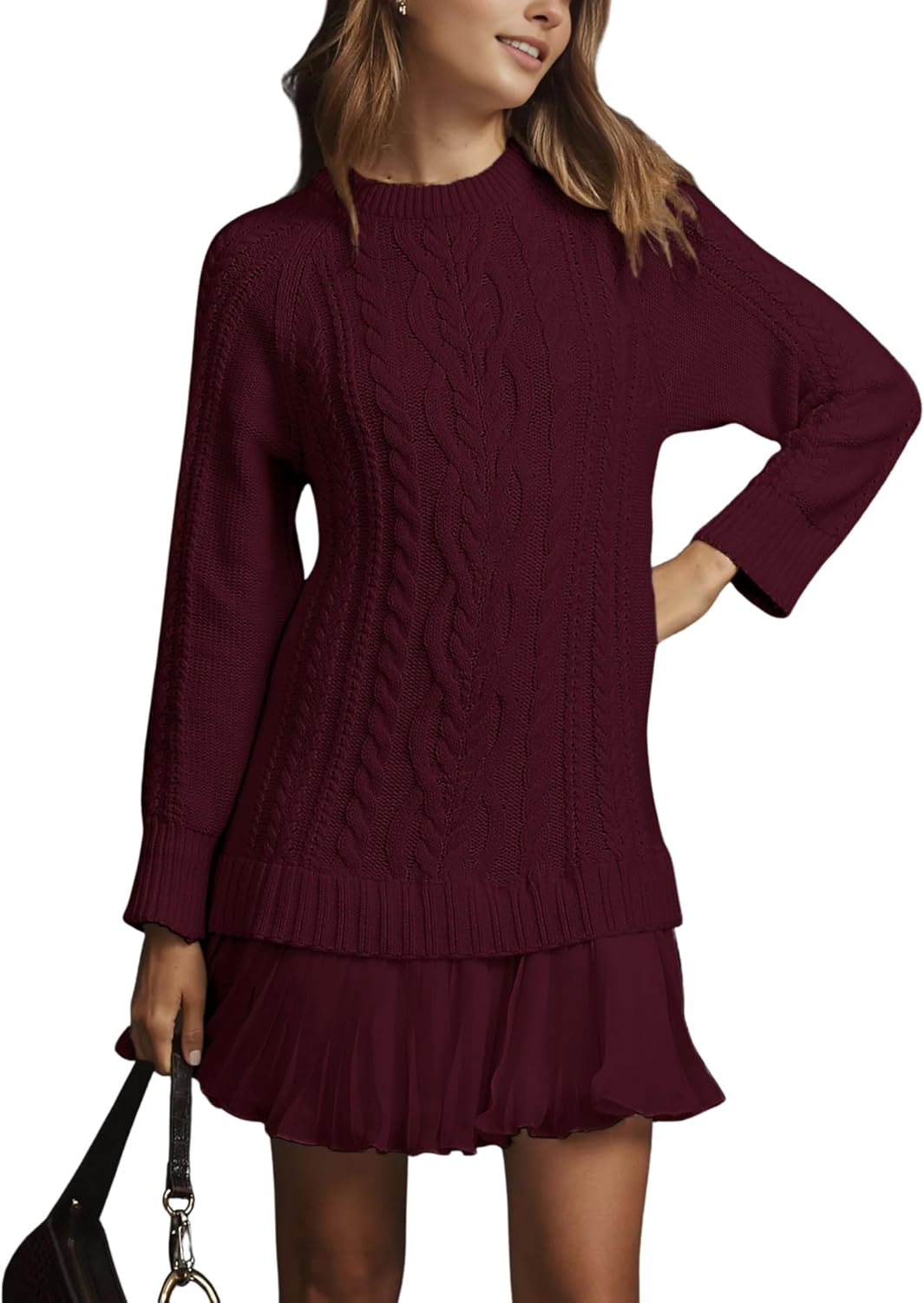 MINSURE Women Cable Knit Sweater Dress Crewneck Long Sleeve Pleated Mini Dress Twofer Style Patchwork Dress