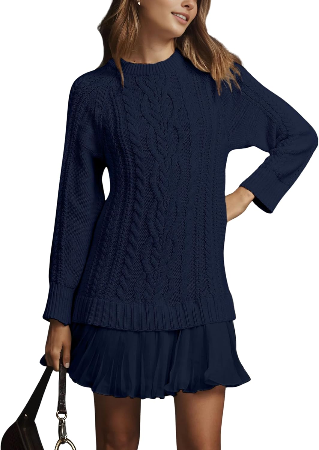 MINSURE Women Cable Knit Sweater Dress Crewneck Long Sleeve Pleated Mini Dress Twofer Style Patchwork Dress