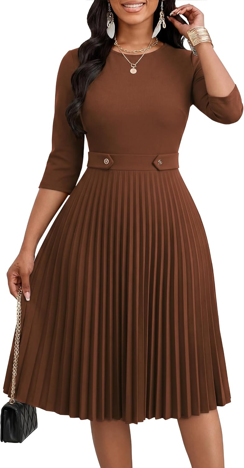 Nmoder Pleated Midi Dresses for Women A-Line Church Dress with Pockets | Fit and flare, 3\/4 sleeve, crew neck, empire waist, elegant style for work office business casual wedding guest party