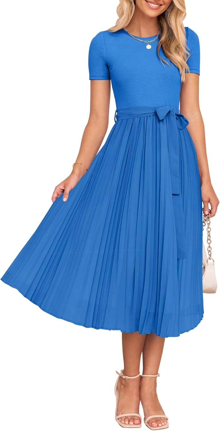ZESICA Women's 2026 Summer Short Sleeve Knit Midi Dresses | Crewneck, Belted, Pleated, Flowy, Wedding Guest Long Dress, Elegant Formal Sweater Dress, Night Out Dresses, Party Dress