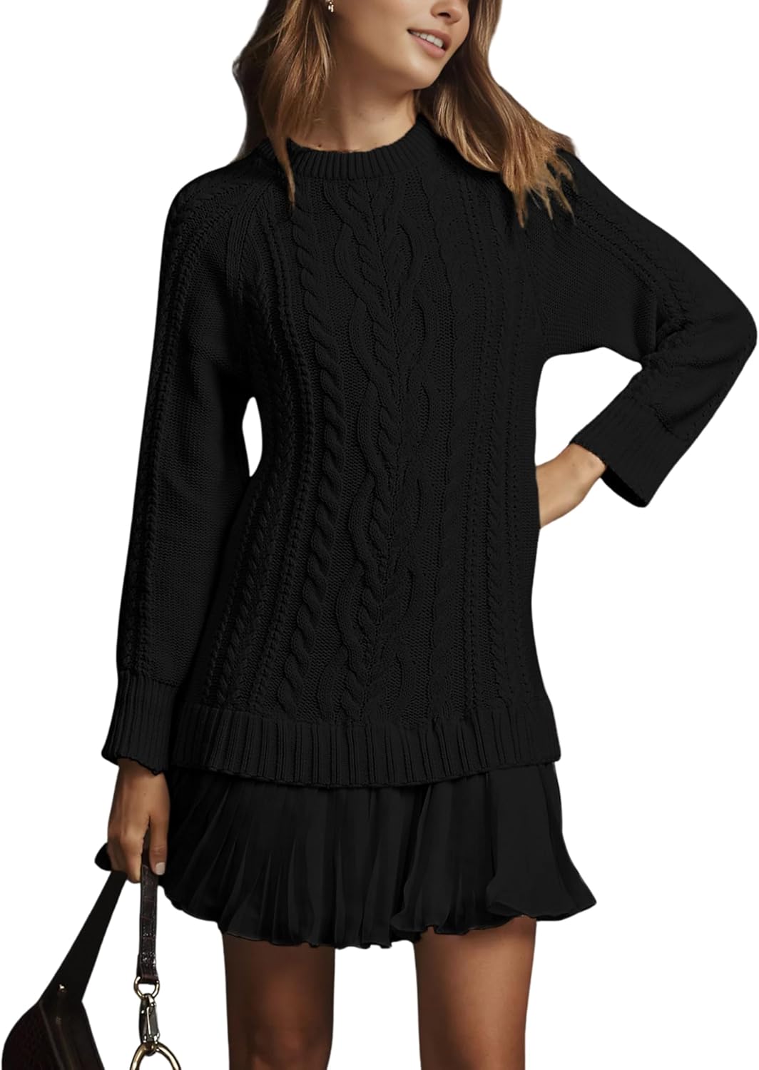 MINSURE Women Cable Knit Sweater Dress Crewneck Long Sleeve Pleated Mini Dress Twofer Style Patchwork Dress