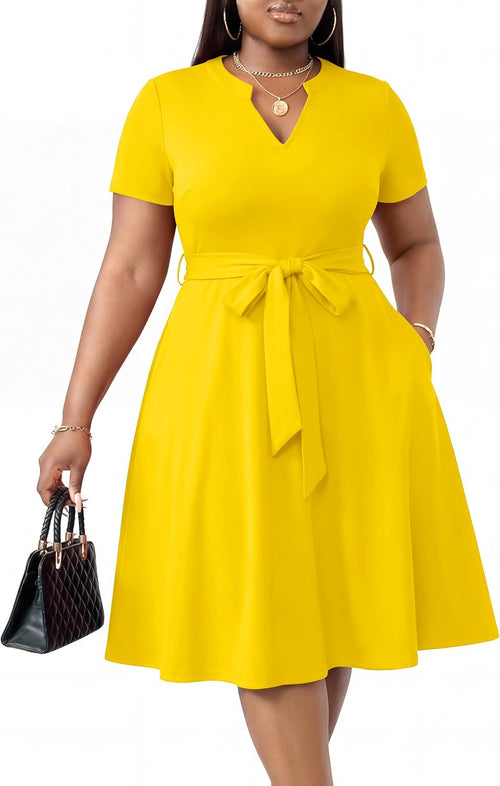 CLOCOR Plus Size Midi Dresses for Curvy Women A-Line Casual Church Dress | Short sleeve, notch v neck, high waist with belt & pockets, elegant style for cocktail party gradution wedding guest