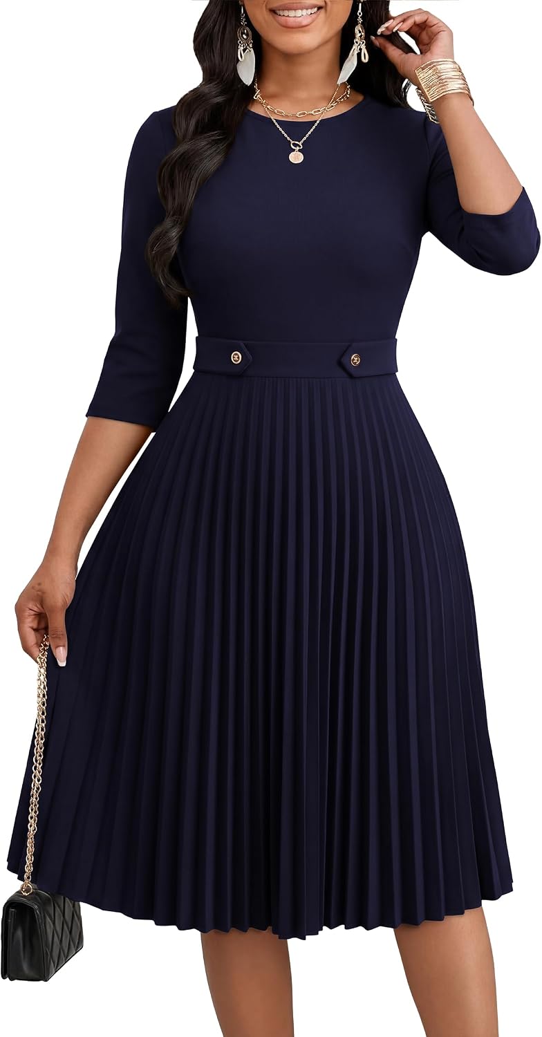 Nmoder Pleated Midi Dresses for Women A-Line Church Dress with Pockets | Fit and flare, 3\/4 sleeve, crew neck, empire waist, elegant style for work office business casual wedding guest party