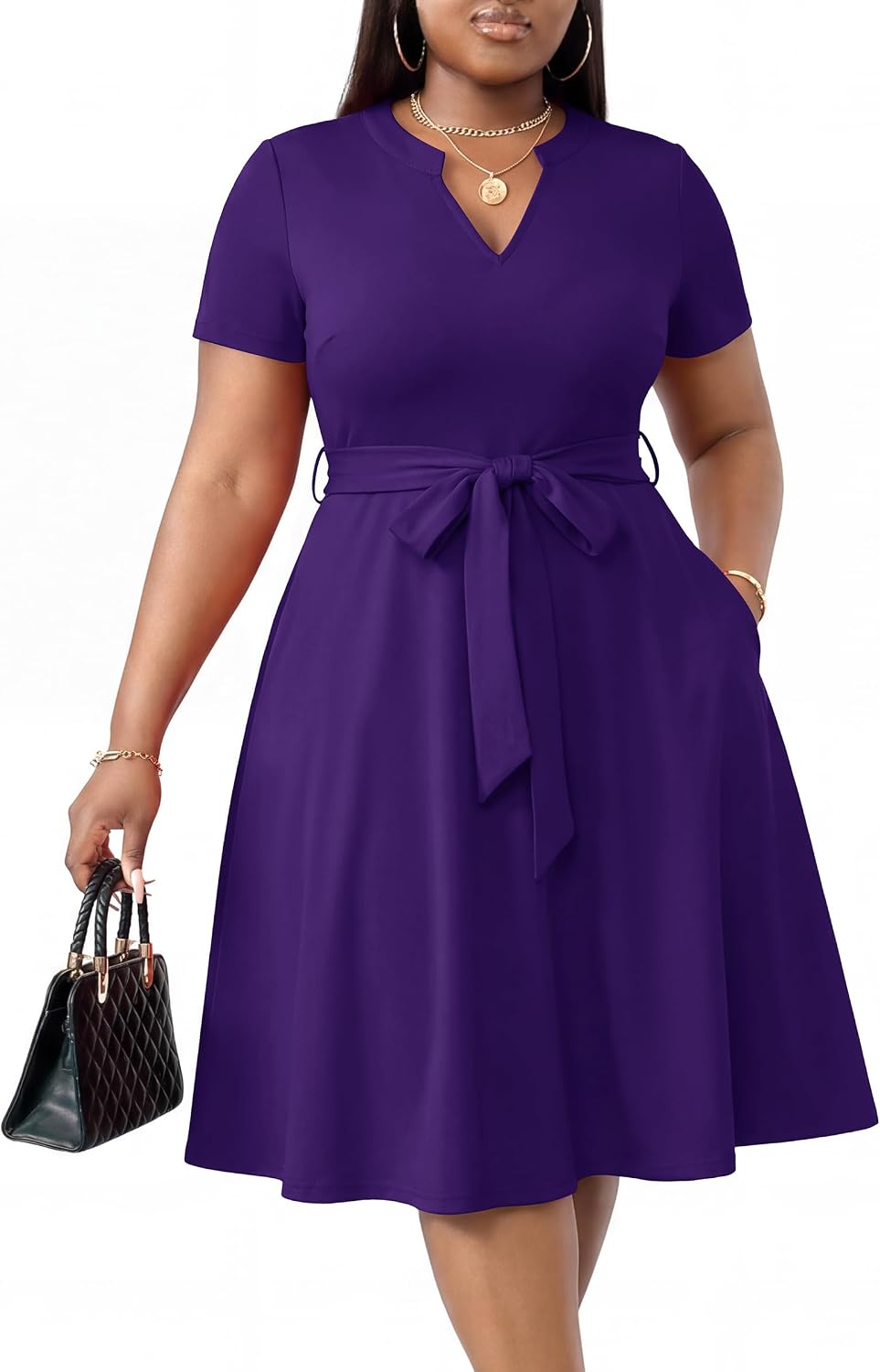 CLOCOR Plus Size Midi Dresses for Curvy Women A-Line Casual Church Dress | Short sleeve, notch v neck, high waist with belt & pockets, elegant style for cocktail party gradution wedding guest