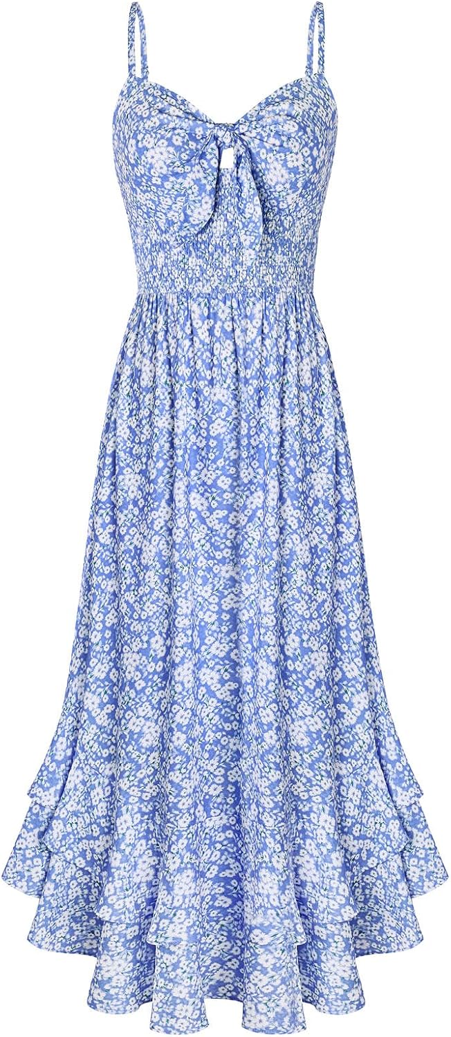 GRACE KARIN Women's Summer Floral Maxi Sundresses | Beach Boho Dress with Pockets,Spaghetti Strap,V Neck,Smocked Back,Casual Fashion Clothes\/Vacation Outfits\/A Line Long Dress