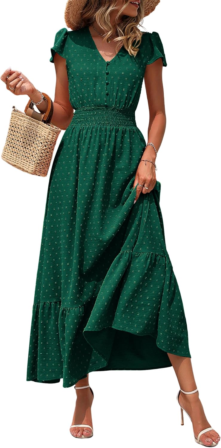 PRETTYGARDEN Womens Dresses 2026 Summer Boho Long Swiss Dot Maxi Dress | Flutter Short Sleeve Dress, Button Down V Neck, Smocked Waist, Ruffle Tiered, Flowy Swing A Line Casual Dresses Beach