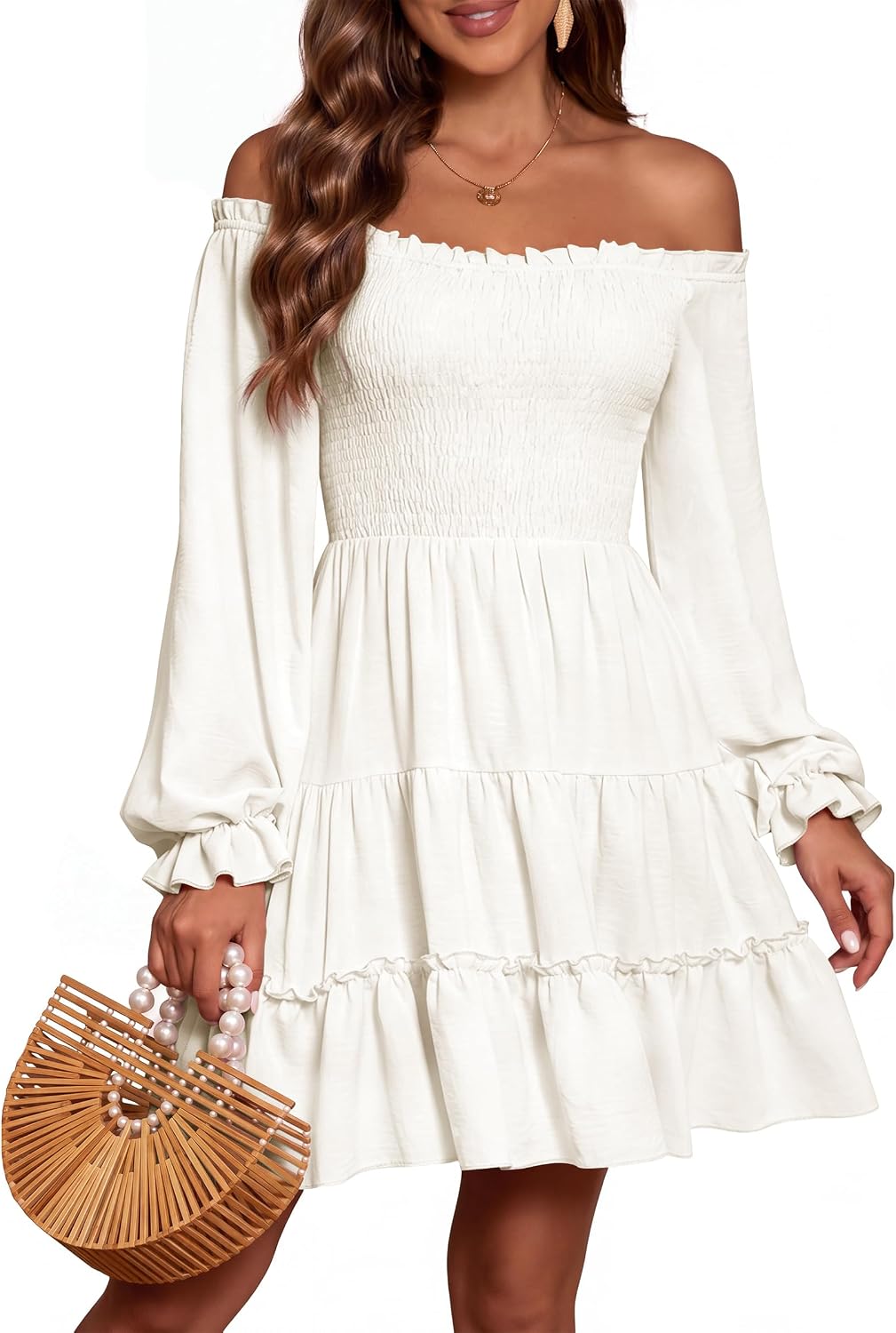 AUMORA Women's Off Shoulder Long Sleeve Smocked Flowy Short Mini Dress | Puff Sleeve Ruffle Hem A-Line Dress,Side Pockets,Square Neck,Wedding Guest Dresses,Beach Vacation Casual Dresses