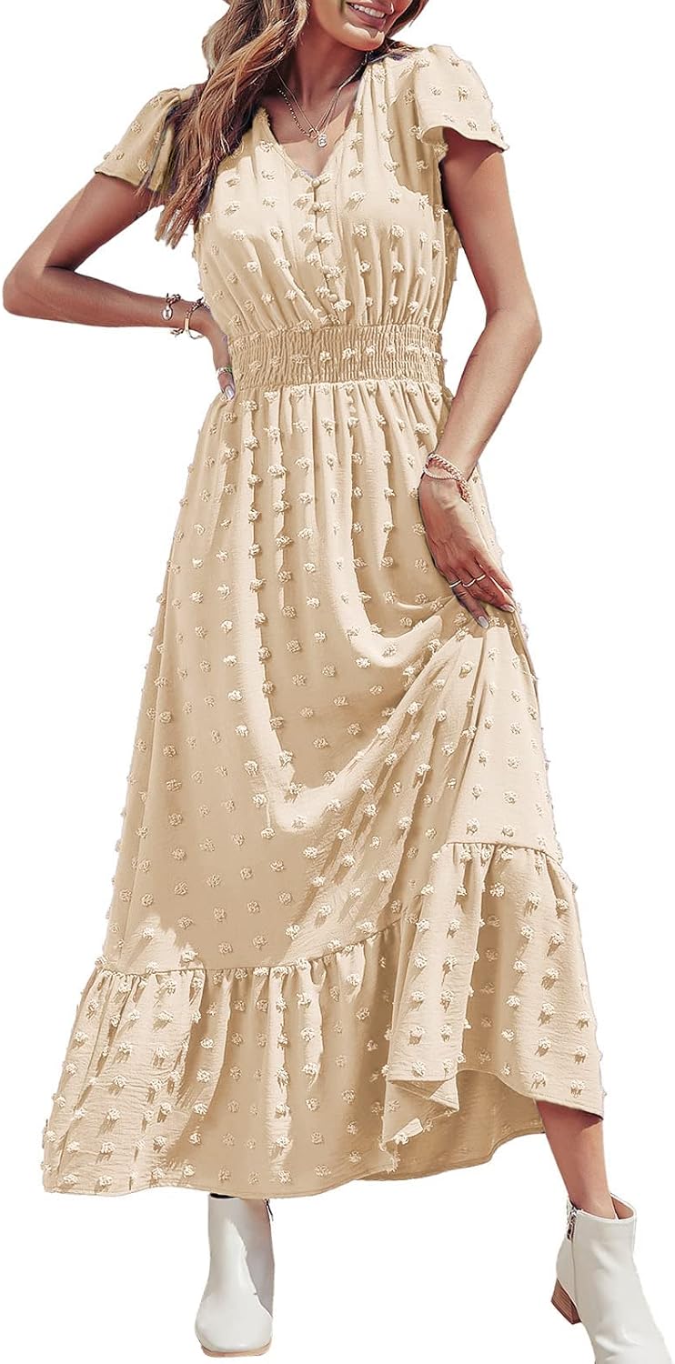 PRETTYGARDEN Womens Dresses 2026 Summer Boho Long Swiss Dot Maxi Dress | Flutter Short Sleeve Dress, Button Down V Neck, Smocked Waist, Ruffle Tiered, Flowy Swing A Line Casual Dresses Beach