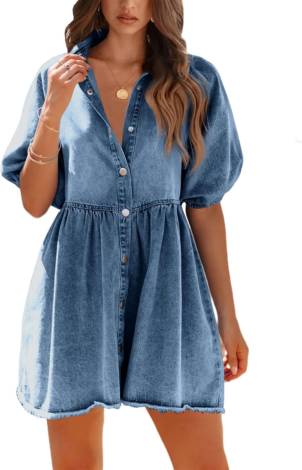 Pepochic Womens Denim Dress Summer Puff Sleeve Babydoll Flowy Jean Dresses | Mini Dress, Button Down, Short Sleeve, Elastic Cuffs, Vintage Collared, Frayed Hemline, Flowy, Lightweight, Casual