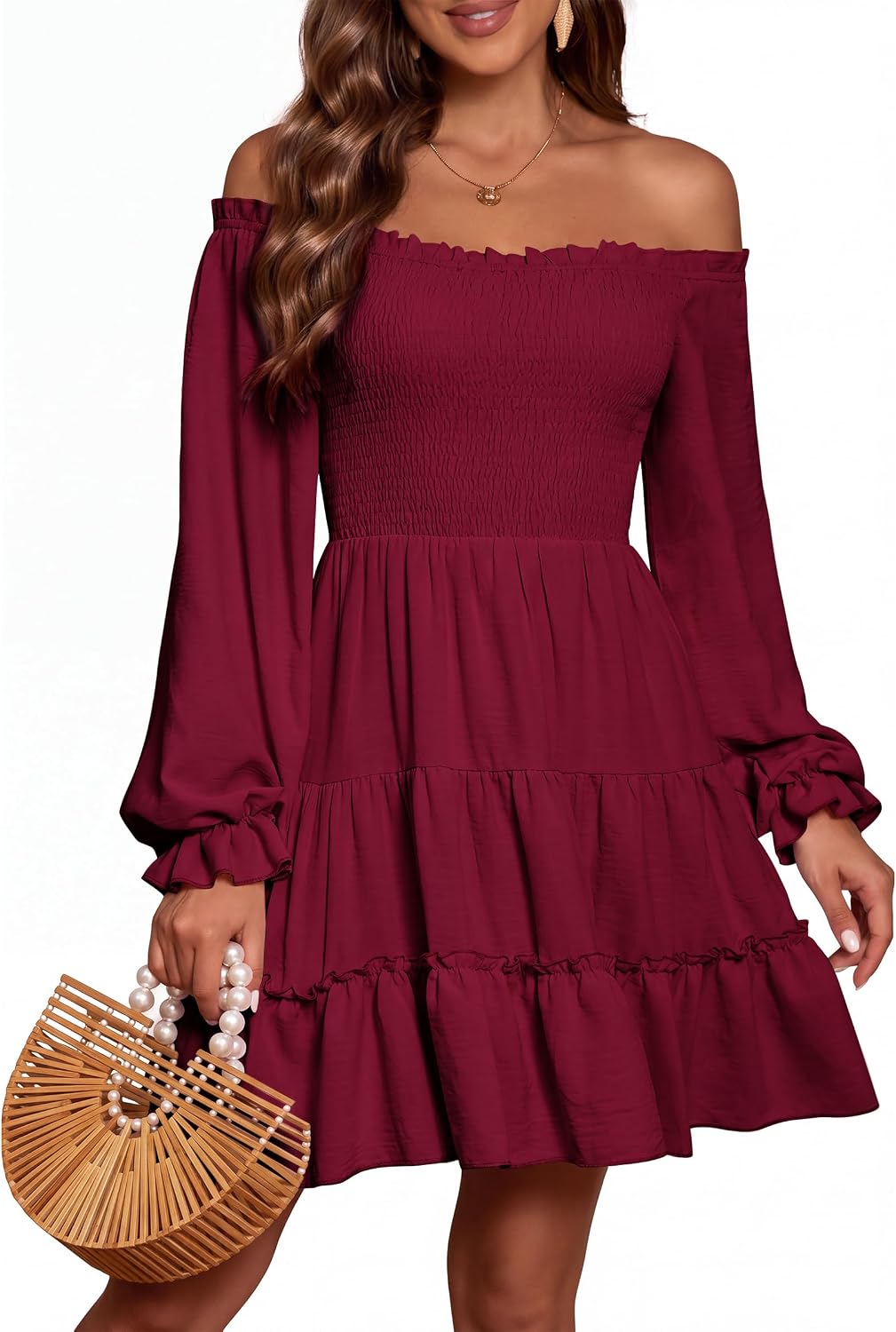 AUMORA Women's Off Shoulder Long Sleeve Smocked Flowy Short Mini Dress | Puff Sleeve Ruffle Hem A-Line Dress,Side Pockets,Square Neck,Wedding Guest Dresses,Beach Vacation Casual Dresses