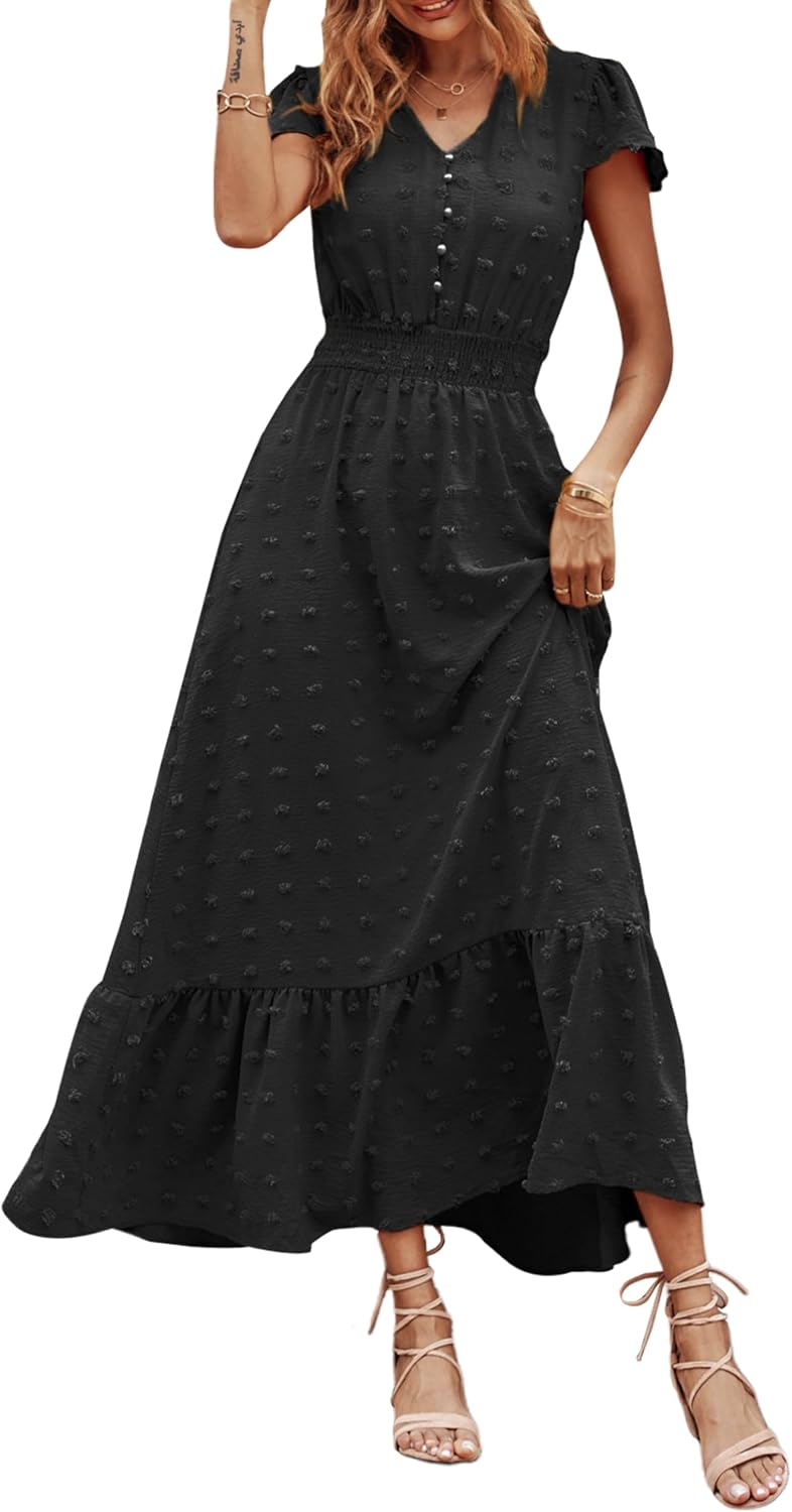 PRETTYGARDEN Womens Dresses 2026 Summer Boho Long Swiss Dot Maxi Dress | Flutter Short Sleeve Dress, Button Down V Neck, Smocked Waist, Ruffle Tiered, Flowy Swing A Line Casual Dresses Beach