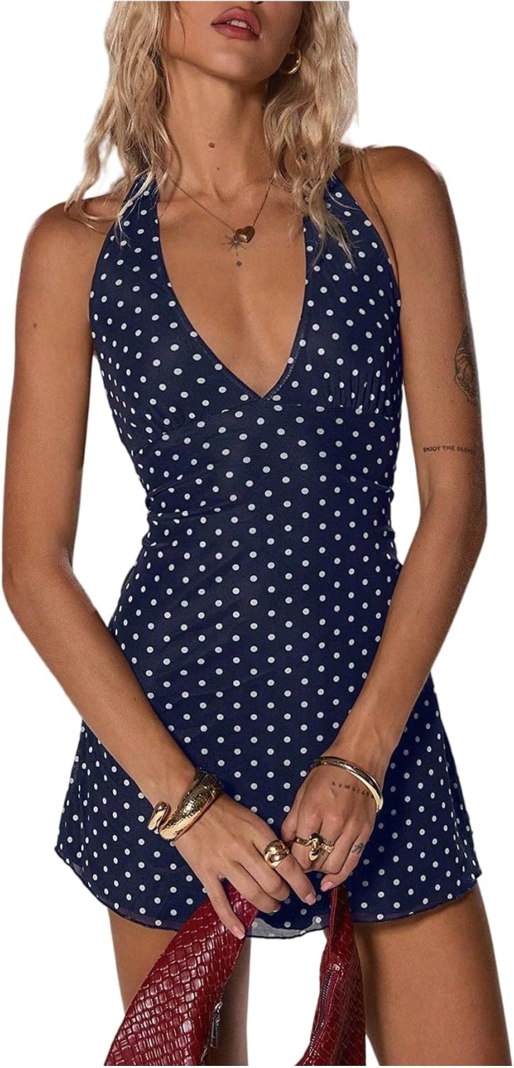 Women's Polka Dot Halter Mini Dress Sleeveless Y2K Summer Short Dresses | Backless, V Neck, Tie Back, A Line, Flare Hem, Mesh, Party, Summer, Vacation, Club, Festival
