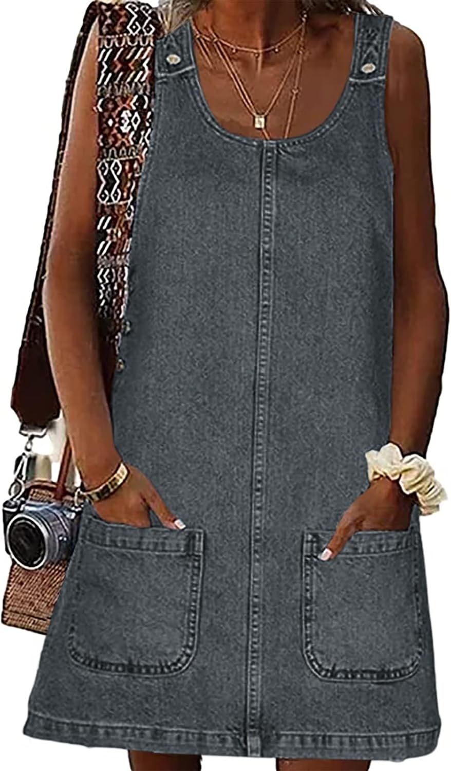 BZB Women's Sleeveless Casual Denim Dress Western Jean Overall Dress | Crewneck, Vintage, Loose, Mini Jean Dress with Pockets , Western Cowgirl Outfits