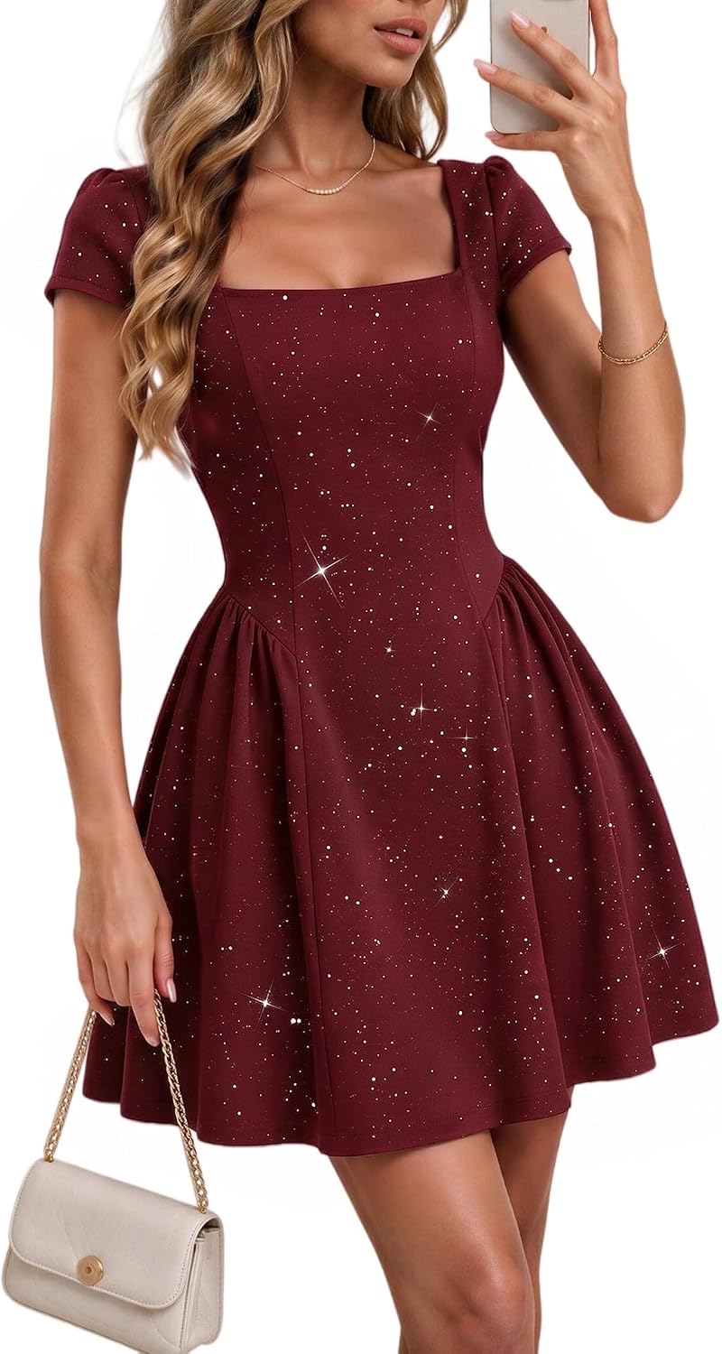 Bridesmay Women's Sparkly Cap Sleeve Cocktail Homecoming Dresses Short | Glitter Sequin,Square Neck,A-Line,Cute Corset Style Bodice,Mini Party Dress for Proms,School Dance,Wedding,Graduation