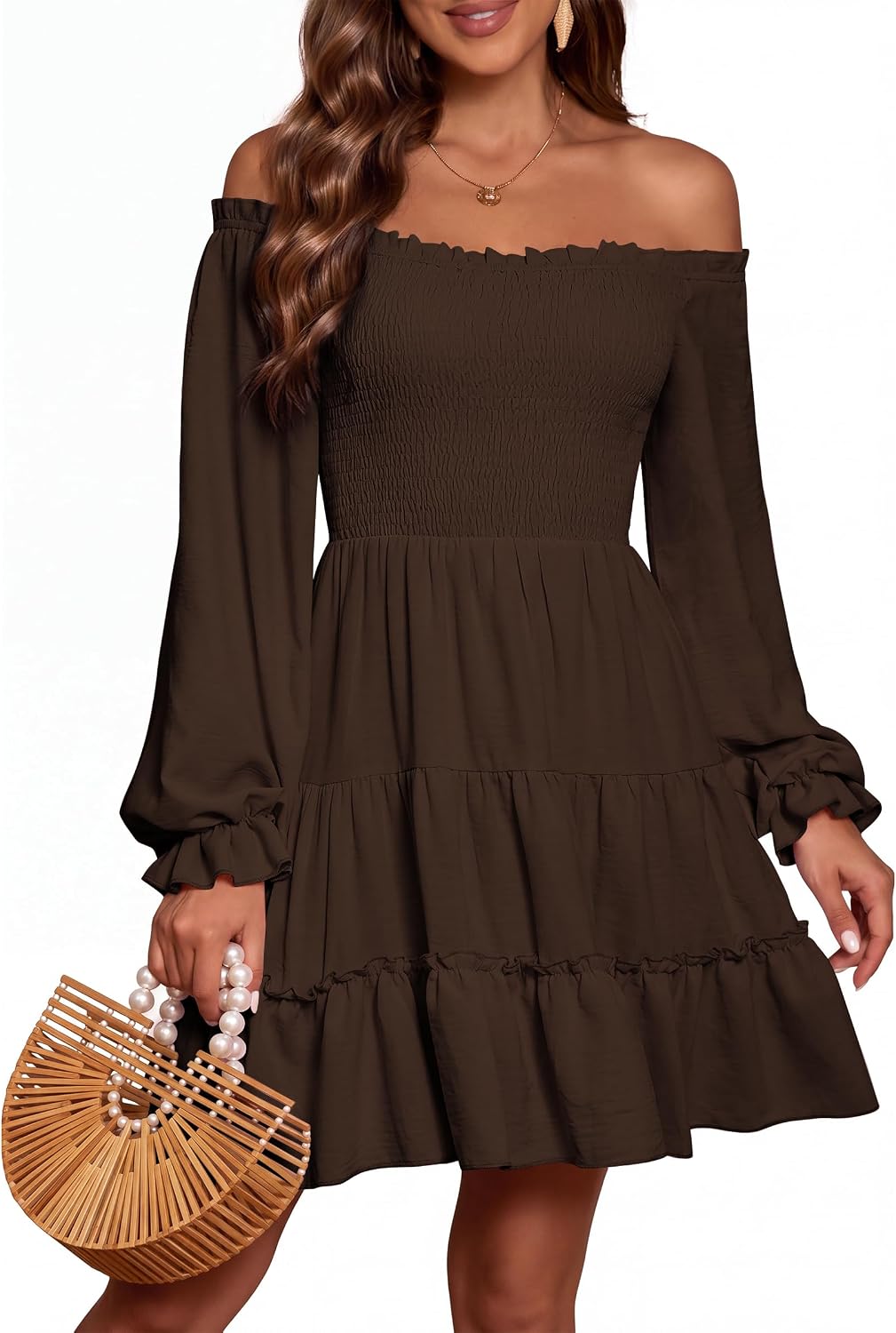AUMORA Women's Off Shoulder Long Sleeve Smocked Flowy Short Mini Dress | Puff Sleeve Ruffle Hem A-Line Dress,Side Pockets,Square Neck,Wedding Guest Dresses,Beach Vacation Casual Dresses