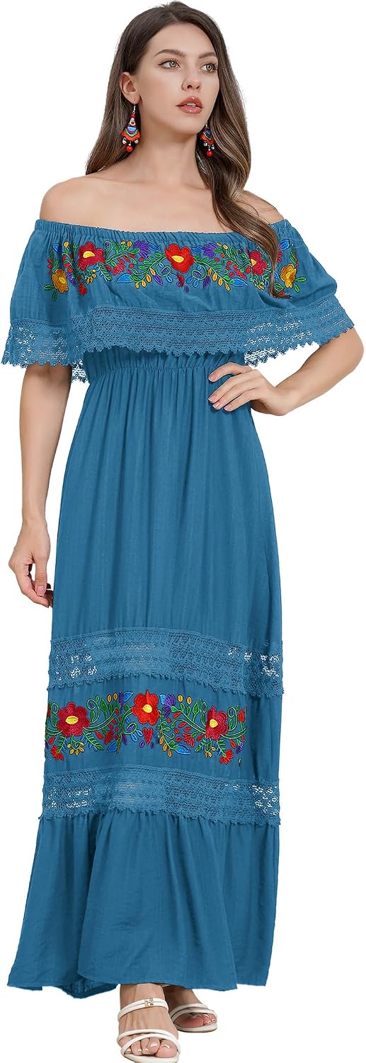 ABEHIK Mexican Dress for Women Traditional Off Shoulder Embroidered Present Casual Lace Long Maxi Dress Cinco de Mayo Outfit