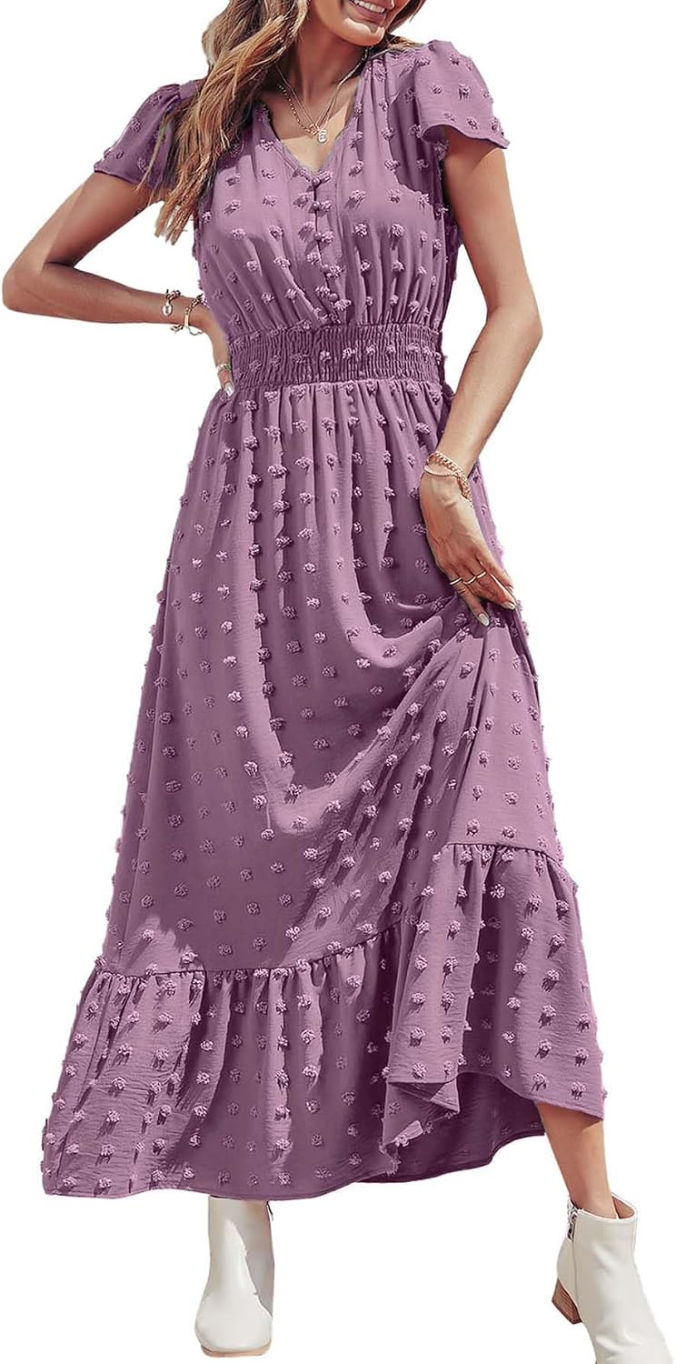 PRETTYGARDEN Womens Dresses 2026 Summer Boho Long Swiss Dot Maxi Dress | Flutter Short Sleeve Dress, Button Down V Neck, Smocked Waist, Ruffle Tiered, Flowy Swing A Line Casual Dresses Beach