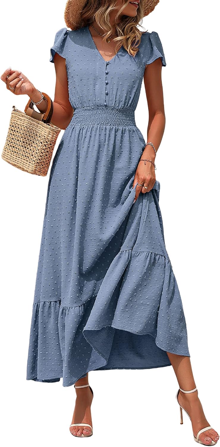 PRETTYGARDEN Womens Dresses 2026 Summer Boho Long Swiss Dot Maxi Dress | Flutter Short Sleeve Dress, Button Down V Neck, Smocked Waist, Ruffle Tiered, Flowy Swing A Line Casual Dresses Beach
