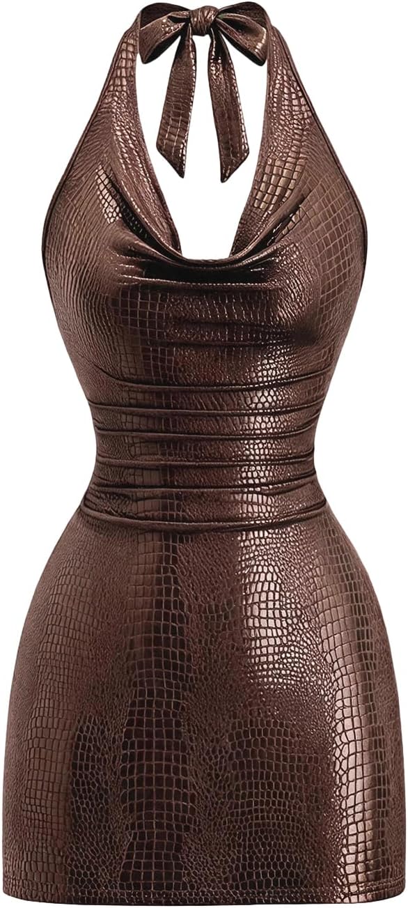Milumia Women Sexy PU Leather Bodycon Halter Mini Dress Cowl Neck Club Rave | Party Dresses, Going Out, Concert Outfit, Clubbing, Night Out, Open Back, Backless, Rock, Y2k, Draped