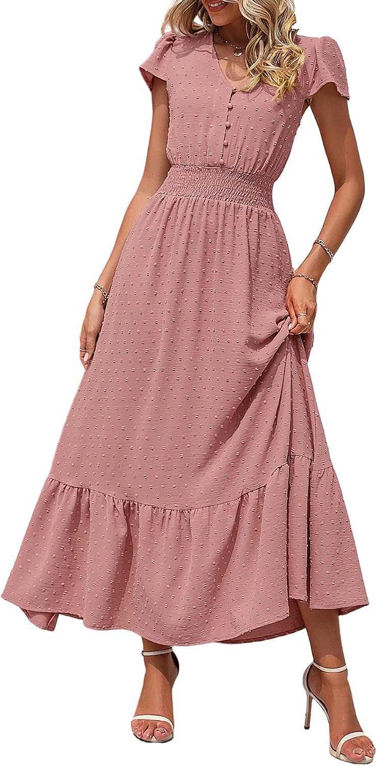 PRETTYGARDEN Womens Dresses 2026 Summer Boho Long Swiss Dot Maxi Dress | Flutter Short Sleeve Dress, Button Down V Neck, Smocked Waist, Ruffle Tiered, Flowy Swing A Line Casual Dresses Beach