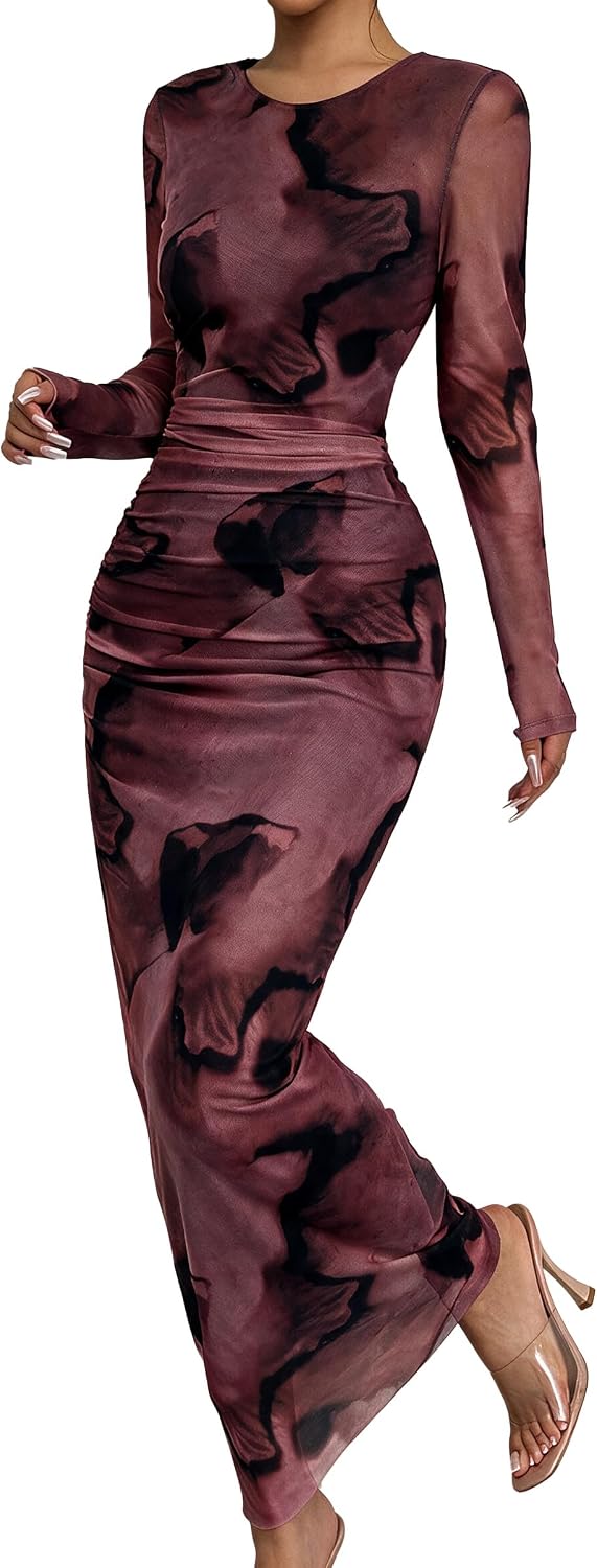 Narecte Fall Dresses for Women Long Sleeve Bodycon Mesh Maxi Dress | Tie Dye Printed Sheer Mesh Long Dress with Crew Neck, Casual Elegant Ruched Bodycon Formal Party Cocktail Dress