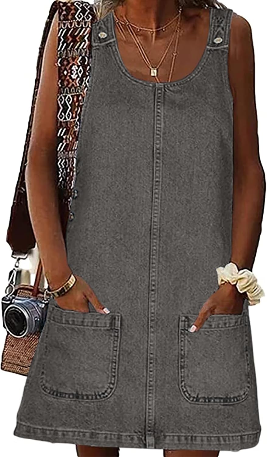 BZB Women's Sleeveless Casual Denim Dress Western Jean Overall Dress | Crewneck, Vintage, Loose, Mini Jean Dress with Pockets , Western Cowgirl Outfits