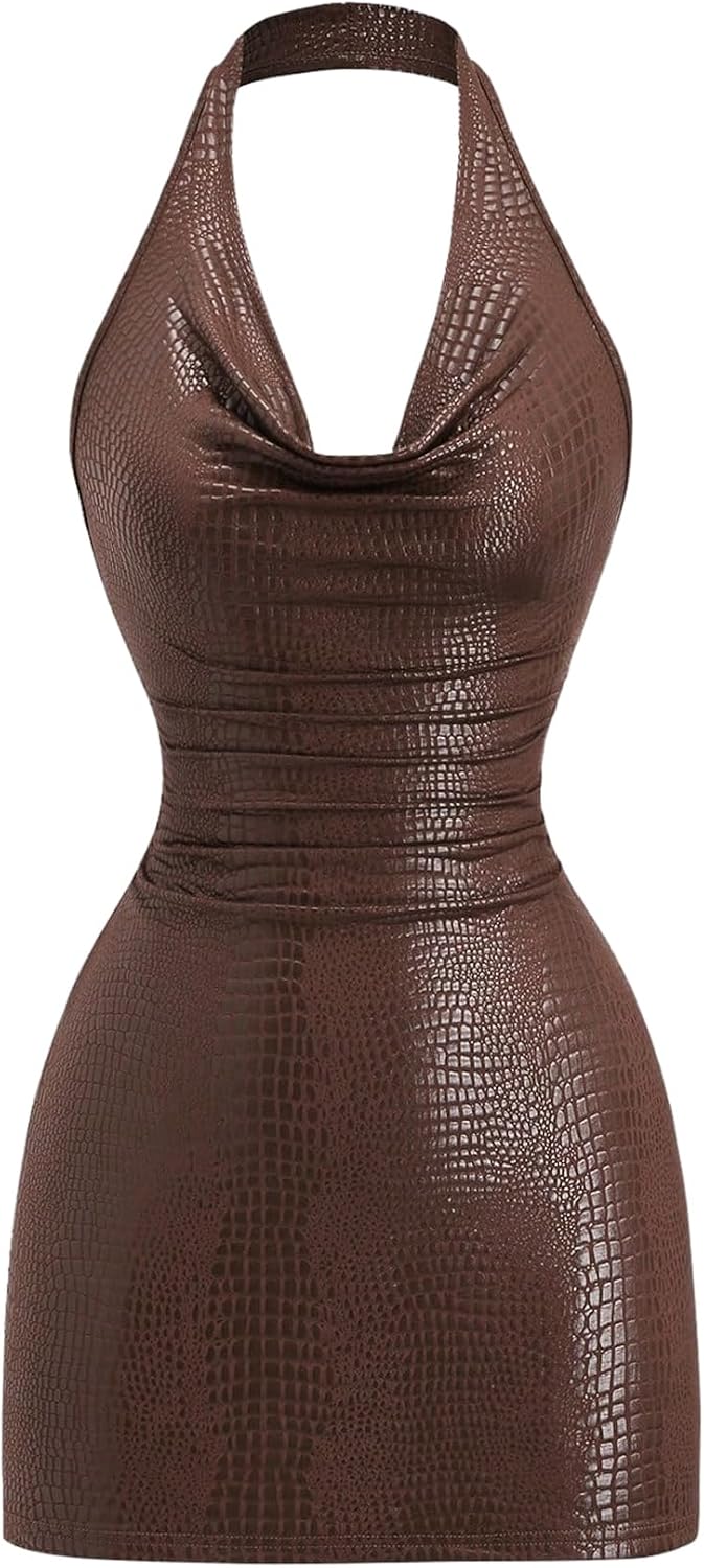 Milumia Women Sexy PU Leather Bodycon Halter Mini Dress Cowl Neck Club Rave | Party Dresses, Going Out, Concert Outfit, Clubbing, Night Out, Open Back, Backless, Rock, Y2k, Draped