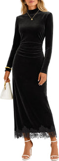 MEROKEETY Women's Velvet Lace Fall Wedding Guest Cocktail Maxi Dress | Long Sleeve, Mock Neck, Ruched Waist, Elegant Fall Dress 2026, Back Slit, Zipper, Formal Maxi Dress, Slimming Fit, Date Night