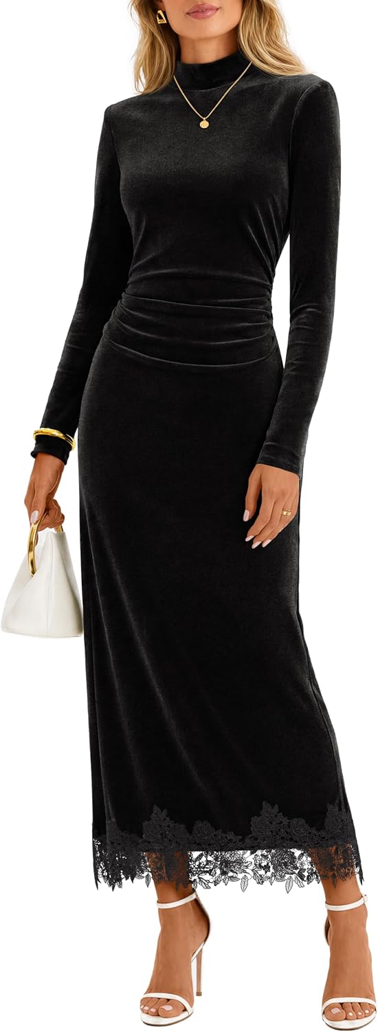 MEROKEETY Women's Velvet Lace Fall Wedding Guest Cocktail Maxi Dress | Long Sleeve, Mock Neck, Ruched Waist, Elegant Fall Dress 2026, Back Slit, Zipper, Formal Maxi Dress, Slimming Fit, Date Night