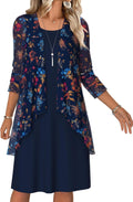 MODLILY Women's 2 Piece Outfit Floral Cardigan Sleeveless Midi Dress | 2 piece outfits dress set, chiffon cardigan and crew neck dress, strechy fabric, for autumn events and casual life