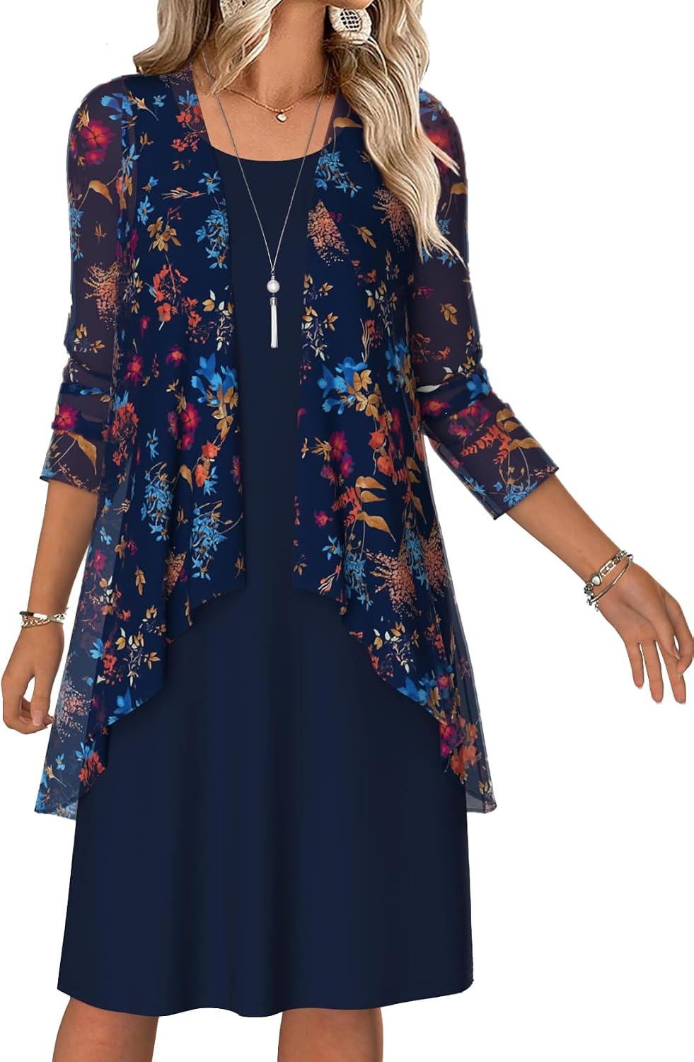MODLILY Women's 2 Piece Outfit Floral Cardigan Sleeveless Midi Dress | 2 piece outfits dress set, chiffon cardigan and crew neck dress, strechy fabric, for autumn events and casual life
