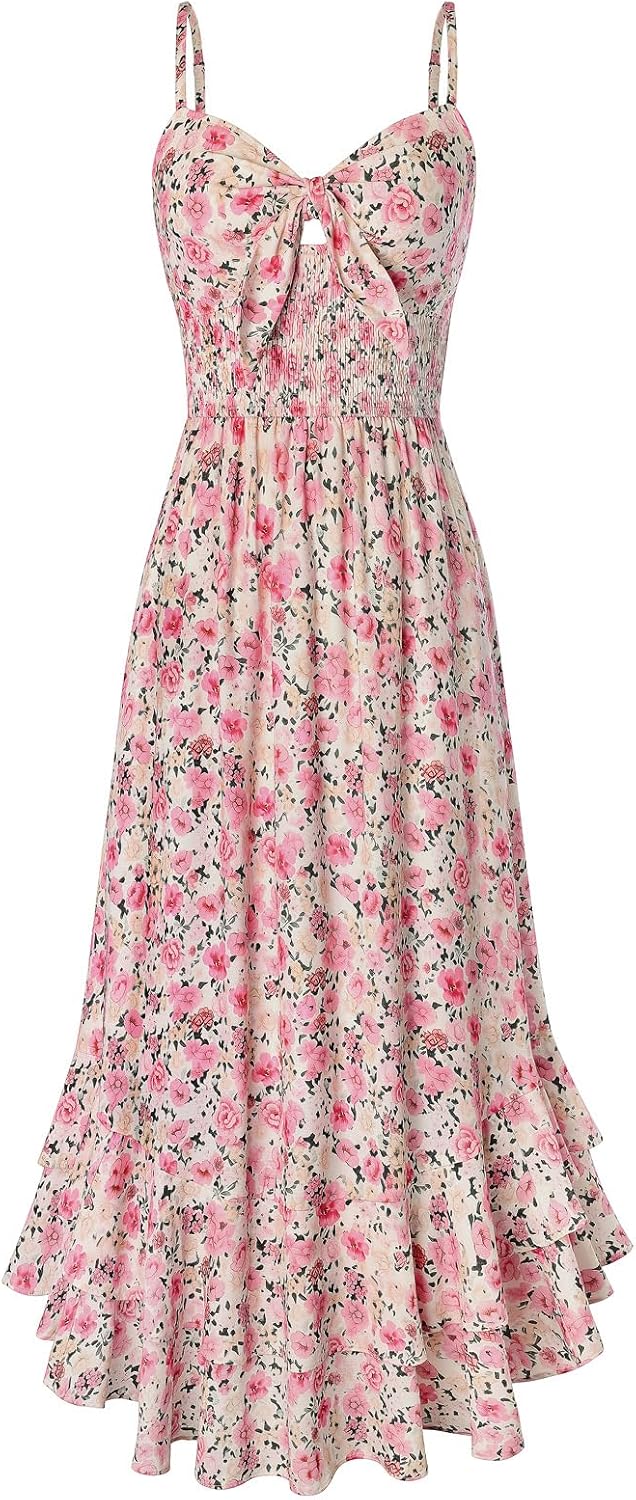 GRACE KARIN Women's Summer Floral Maxi Sundresses | Beach Boho Dress with Pockets,Spaghetti Strap,V Neck,Smocked Back,Casual Fashion Clothes\/Vacation Outfits\/A Line Long Dress