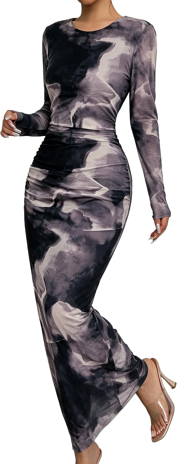 Narecte Fall Dresses for Women Long Sleeve Bodycon Mesh Maxi Dress | Tie Dye Printed Sheer Mesh Long Dress with Crew Neck, Casual Elegant Ruched Bodycon Formal Party Cocktail Dress