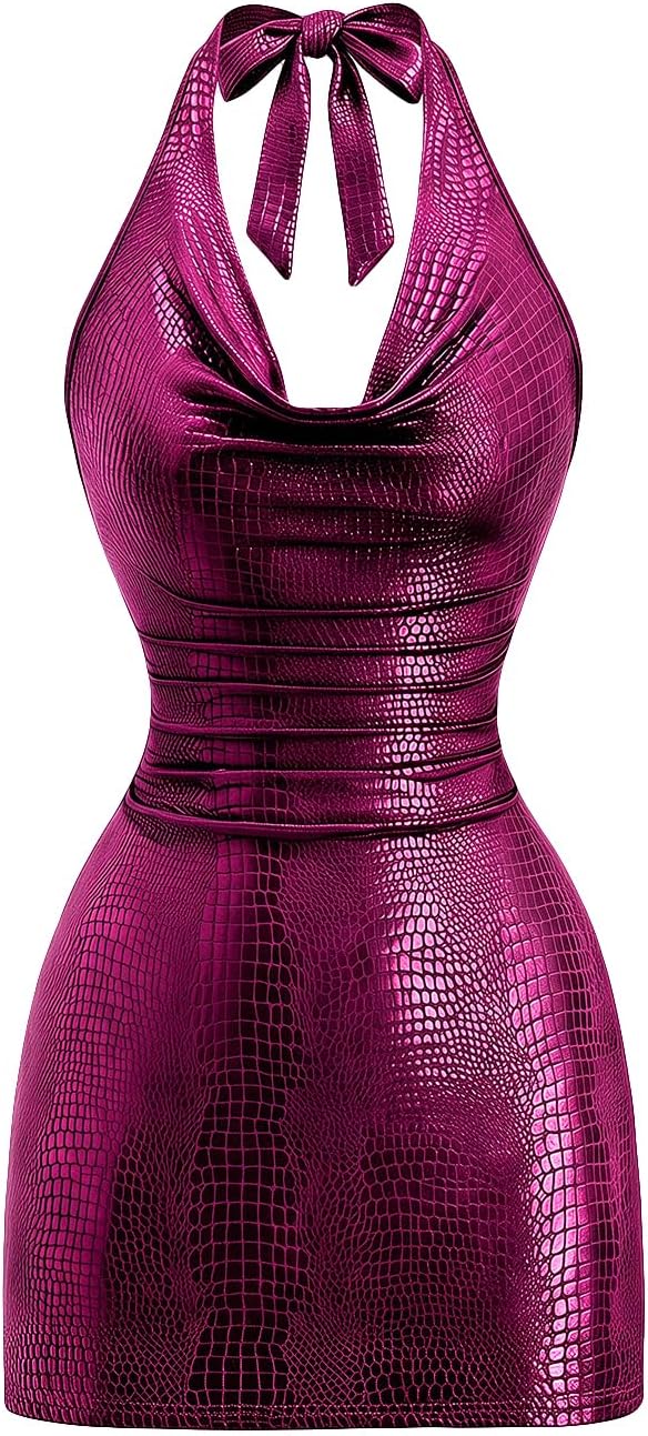 Milumia Women Sexy PU Leather Bodycon Halter Mini Dress Cowl Neck Club Rave | Party Dresses, Going Out, Concert Outfit, Clubbing, Night Out, Open Back, Backless, Rock, Y2k, Draped