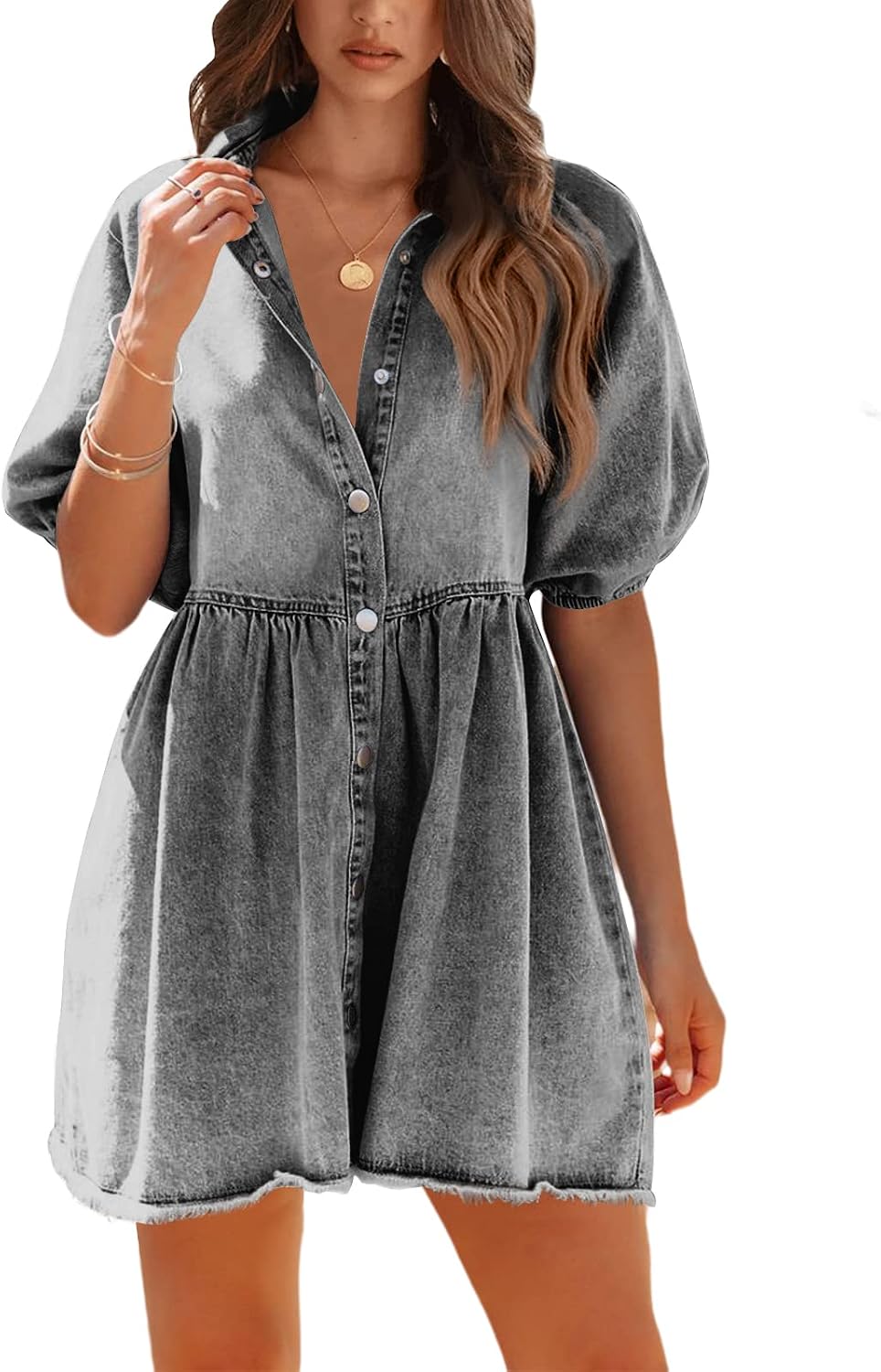 Pepochic Womens Denim Dress Summer Puff Sleeve Babydoll Flowy Jean Dresses | Mini Dress, Button Down, Short Sleeve, Elastic Cuffs, Vintage Collared, Frayed Hemline, Flowy, Lightweight, Casual