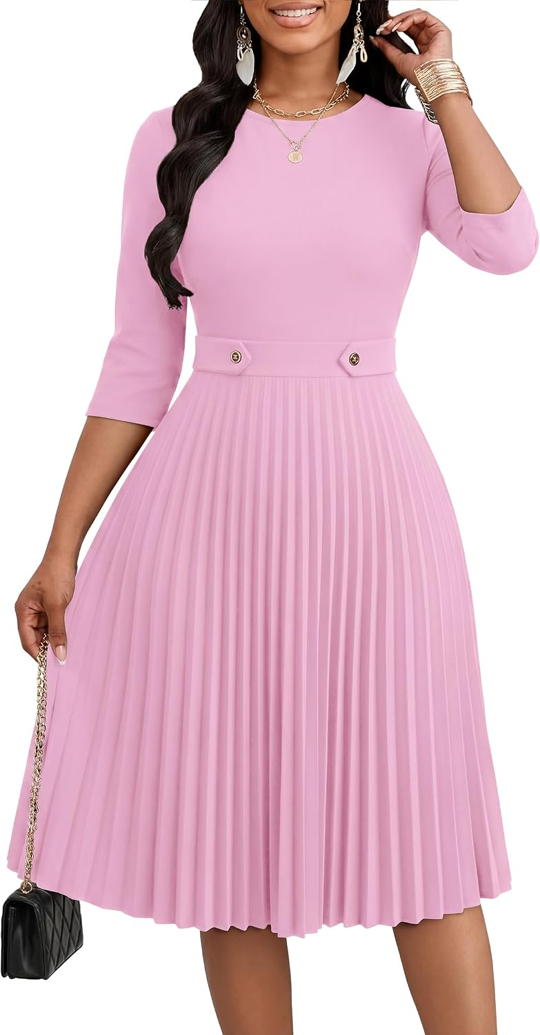 Nmoder Pleated Midi Dresses for Women A-Line Church Dress with Pockets | Fit and flare, 3\/4 sleeve, crew neck, empire waist, elegant style for work office business casual wedding guest party