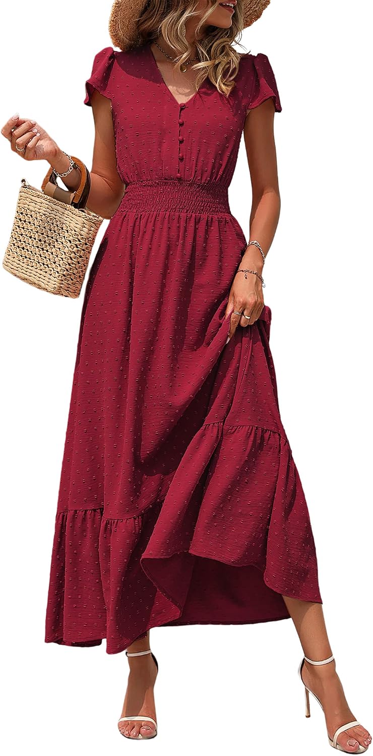 PRETTYGARDEN Womens Dresses 2026 Summer Boho Long Swiss Dot Maxi Dress | Flutter Short Sleeve Dress, Button Down V Neck, Smocked Waist, Ruffle Tiered, Flowy Swing A Line Casual Dresses Beach