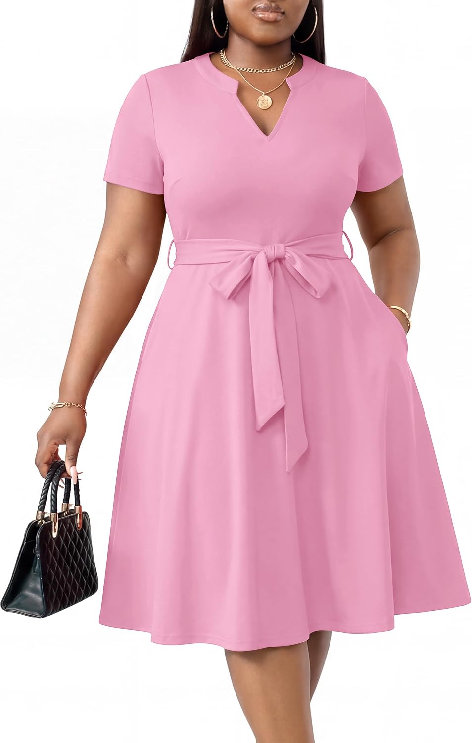 CLOCOR Plus Size Midi Dresses for Curvy Women A-Line Casual Church Dress | Short sleeve, notch v neck, high waist with belt & pockets, elegant style for cocktail party gradution wedding guest