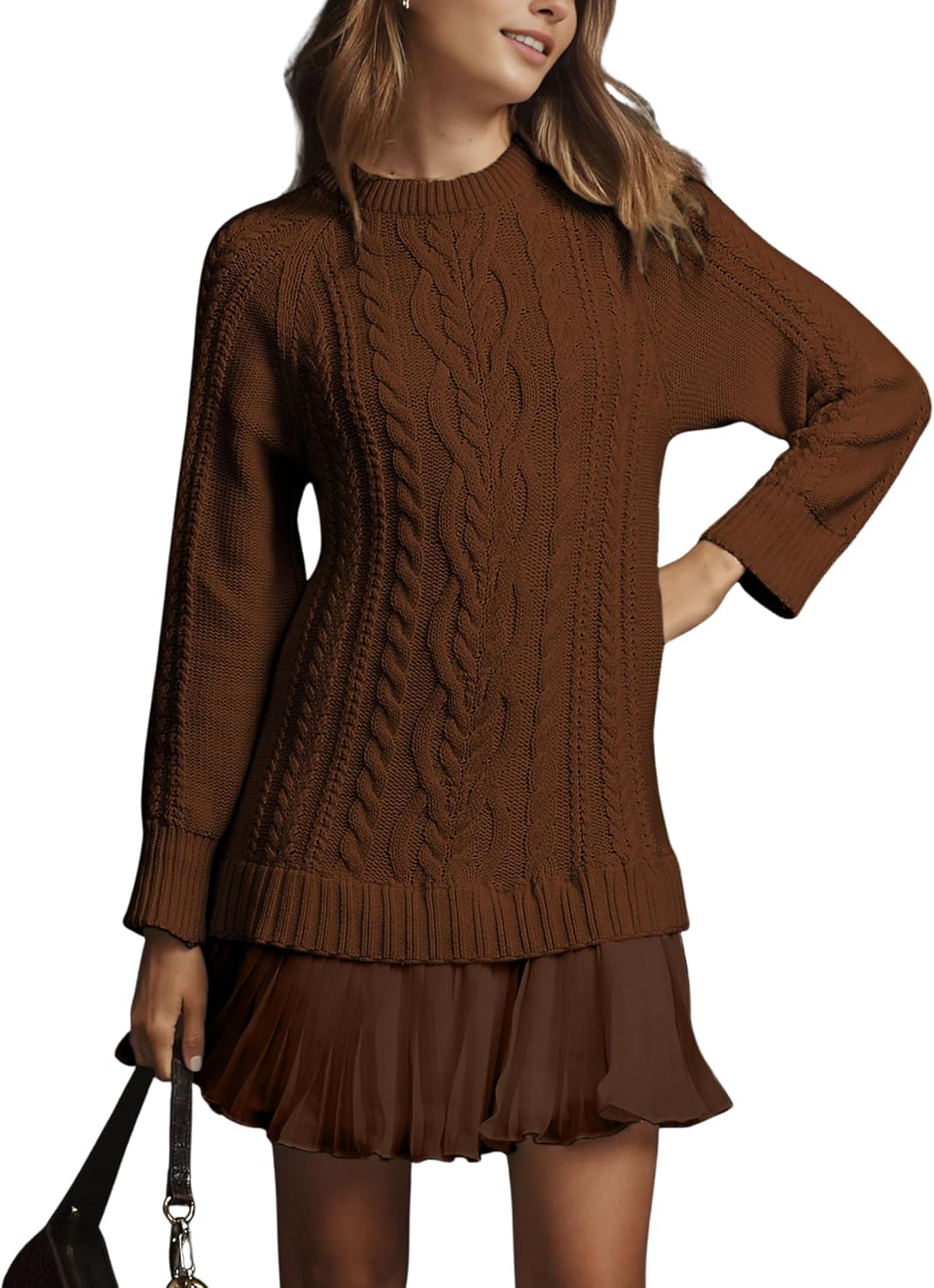 MINSURE Women Cable Knit Sweater Dress Crewneck Long Sleeve Pleated Mini Dress Twofer Style Patchwork Dress