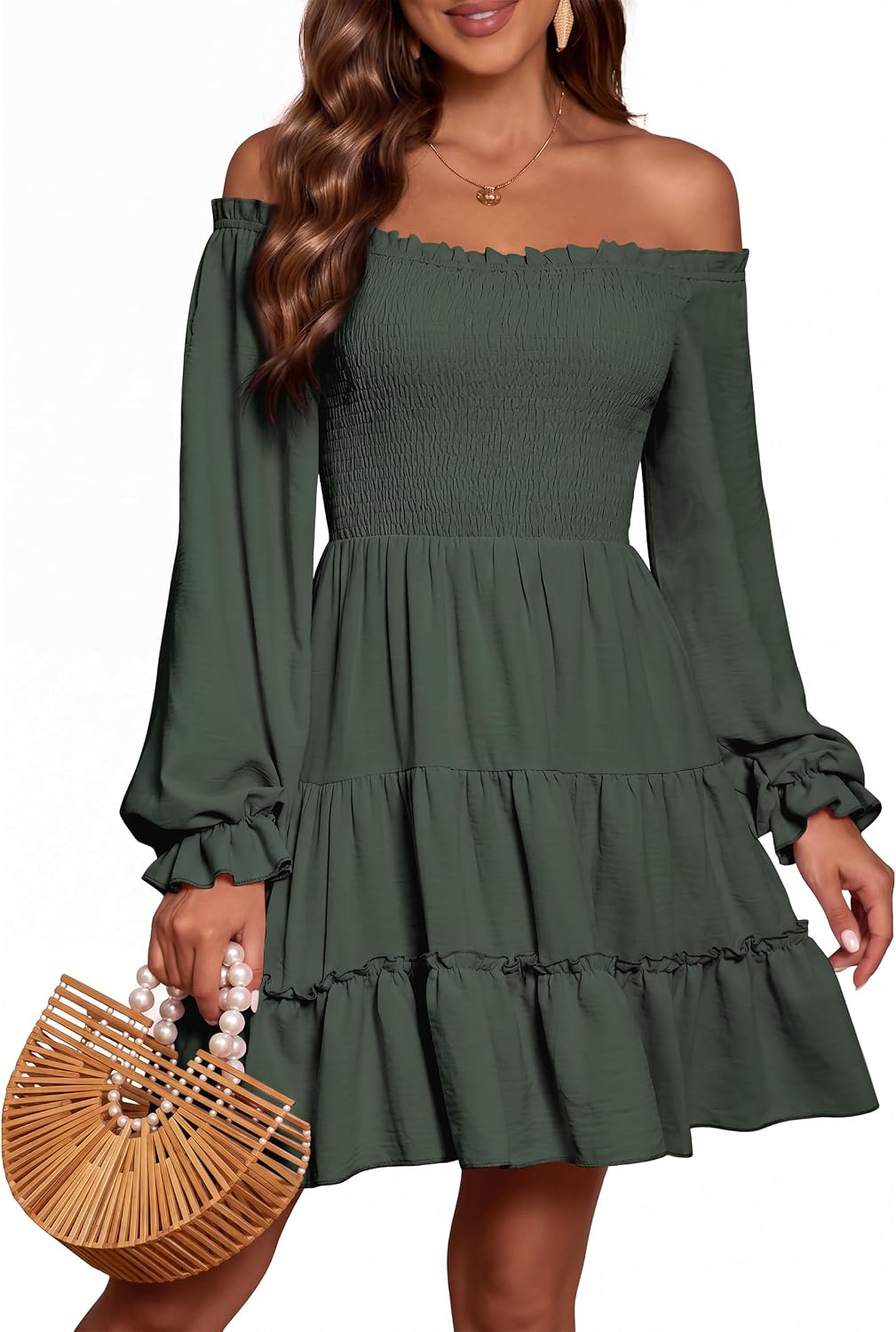 AUMORA Women's Off Shoulder Long Sleeve Smocked Flowy Short Mini Dress | Puff Sleeve Ruffle Hem A-Line Dress,Side Pockets,Square Neck,Wedding Guest Dresses,Beach Vacation Casual Dresses