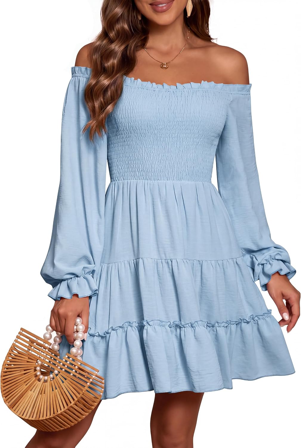AUMORA Women's Off Shoulder Long Sleeve Smocked Flowy Short Mini Dress | Puff Sleeve Ruffle Hem A-Line Dress,Side Pockets,Square Neck,Wedding Guest Dresses,Beach Vacation Casual Dresses