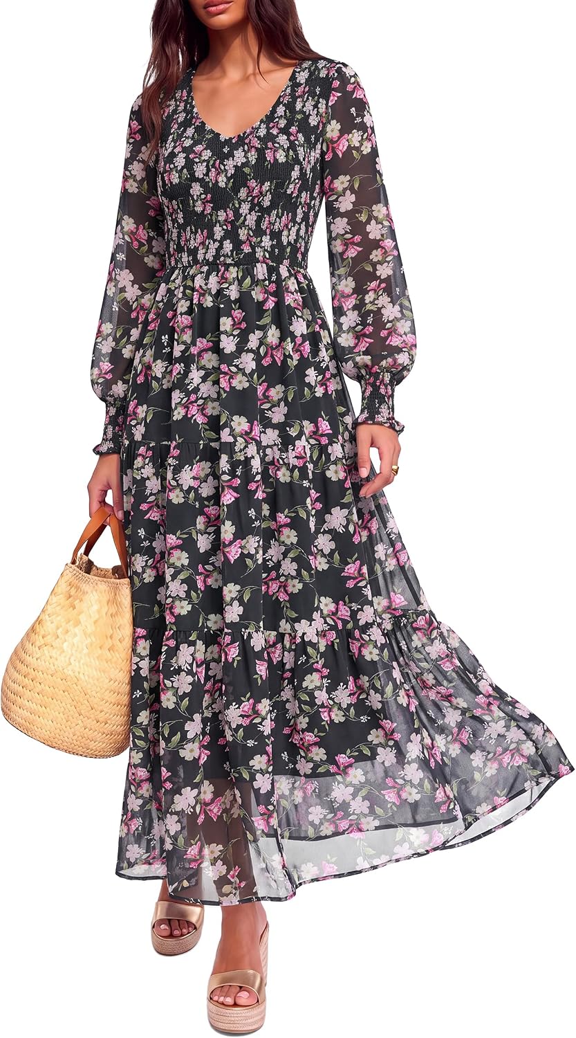 MASCOMODA Womens Flroal Long Sleeve Dress Boho A Line Fall Maxi Dresses | Sheer Lantern Sleeve, Lined & Pockets, Smocked Front Back, High Waisted Flowy Long Dress, Tiered Fall Wedding Guest Dresses