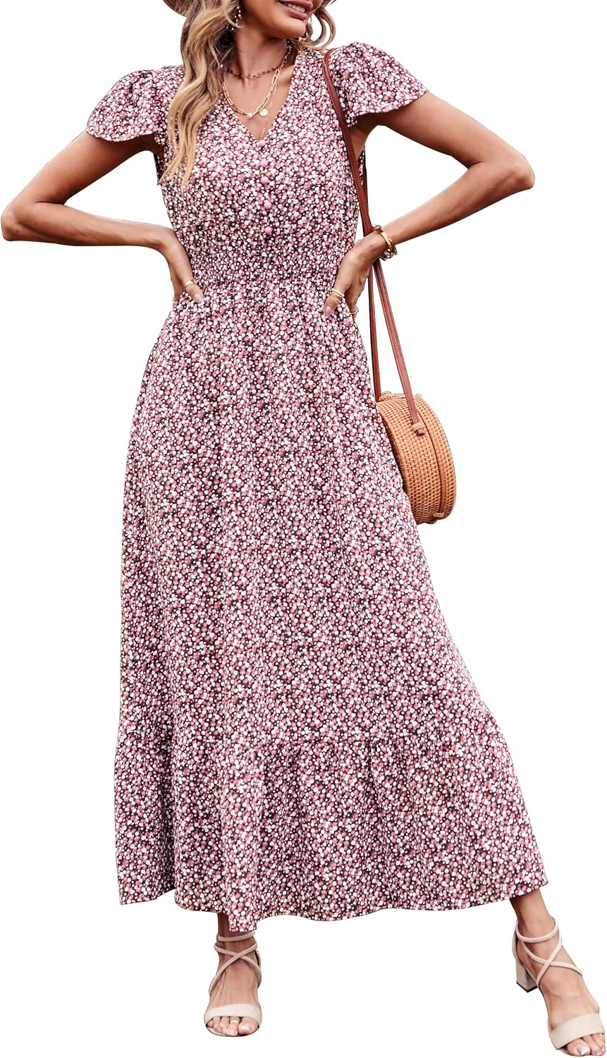PRETTYGARDEN Womens Dresses 2026 Summer Boho Long Swiss Dot Maxi Dress | Flutter Short Sleeve Dress, Button Down V Neck, Smocked Waist, Ruffle Tiered, Flowy Swing A Line Casual Dresses Beach
