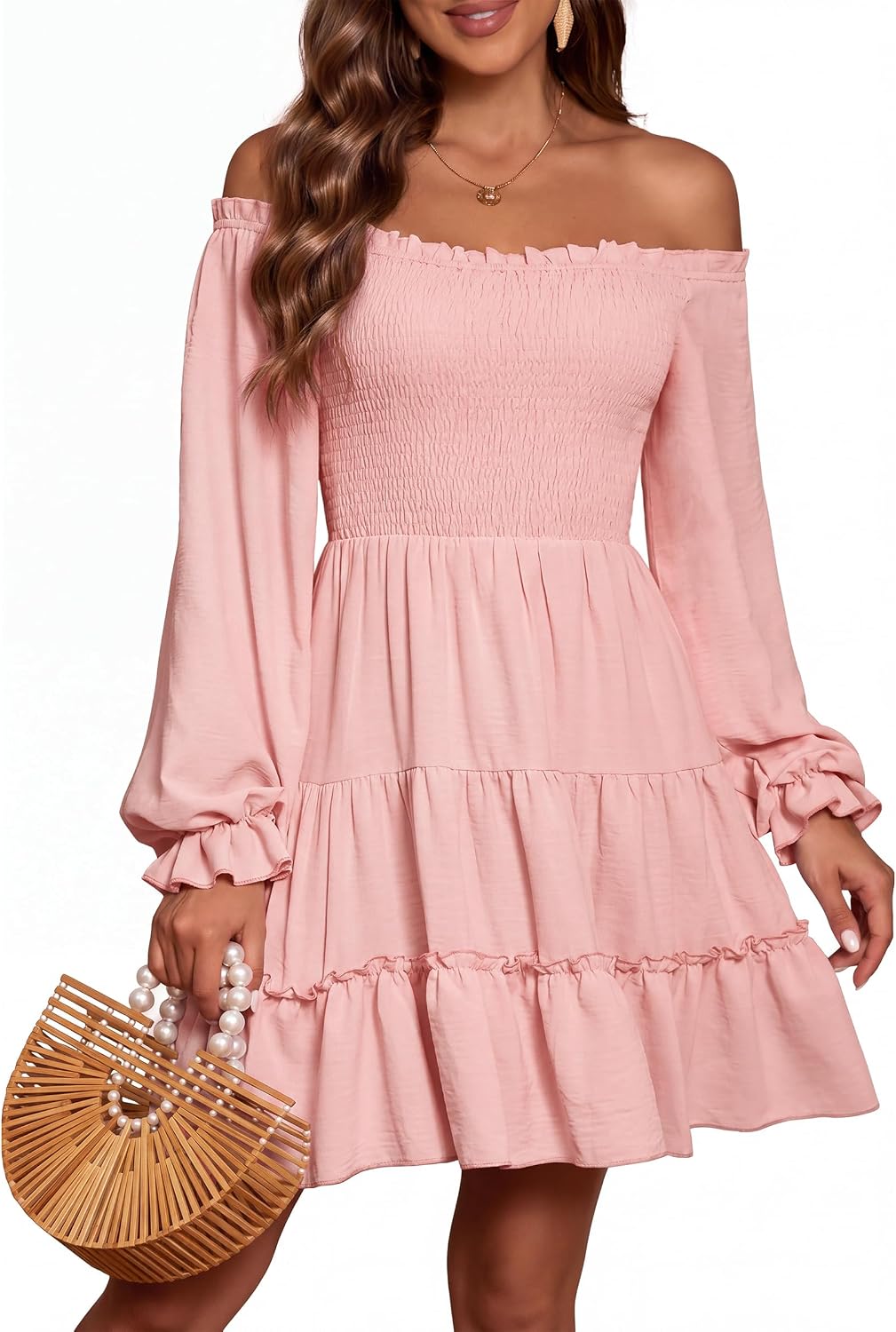 AUMORA Women's Off Shoulder Long Sleeve Smocked Flowy Short Mini Dress | Puff Sleeve Ruffle Hem A-Line Dress,Side Pockets,Square Neck,Wedding Guest Dresses,Beach Vacation Casual Dresses
