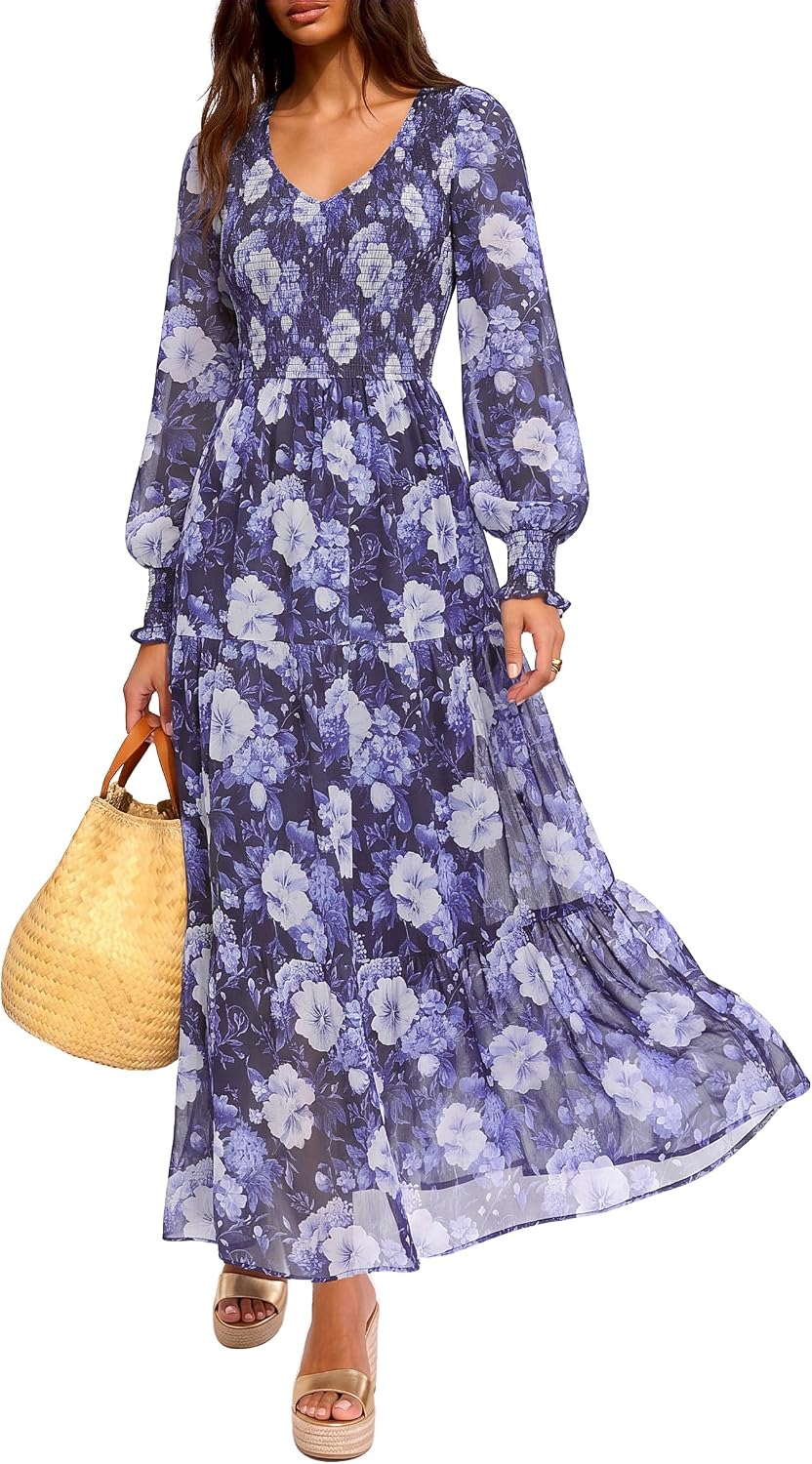 MASCOMODA Womens Flroal Long Sleeve Dress Boho A Line Fall Maxi Dresses | Sheer Lantern Sleeve, Lined & Pockets, Smocked Front Back, High Waisted Flowy Long Dress, Tiered Fall Wedding Guest Dresses