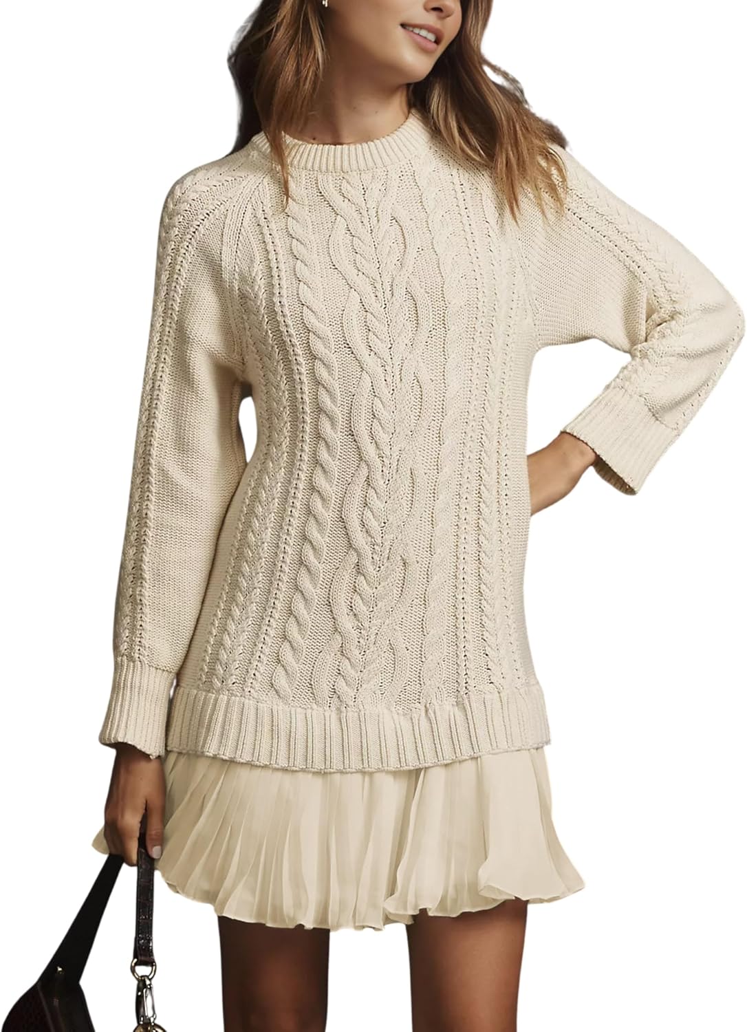 MINSURE Women Cable Knit Sweater Dress Crewneck Long Sleeve Pleated Mini Dress Twofer Style Patchwork Dress
